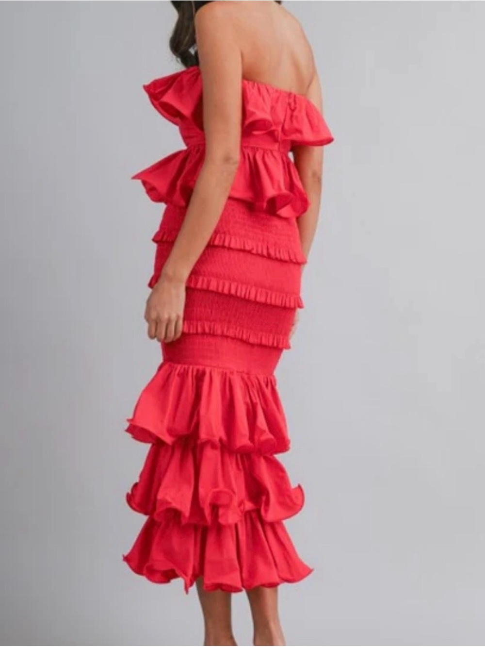 Red Strapless Ruffled Midi Dress - Picture 2 of 4
